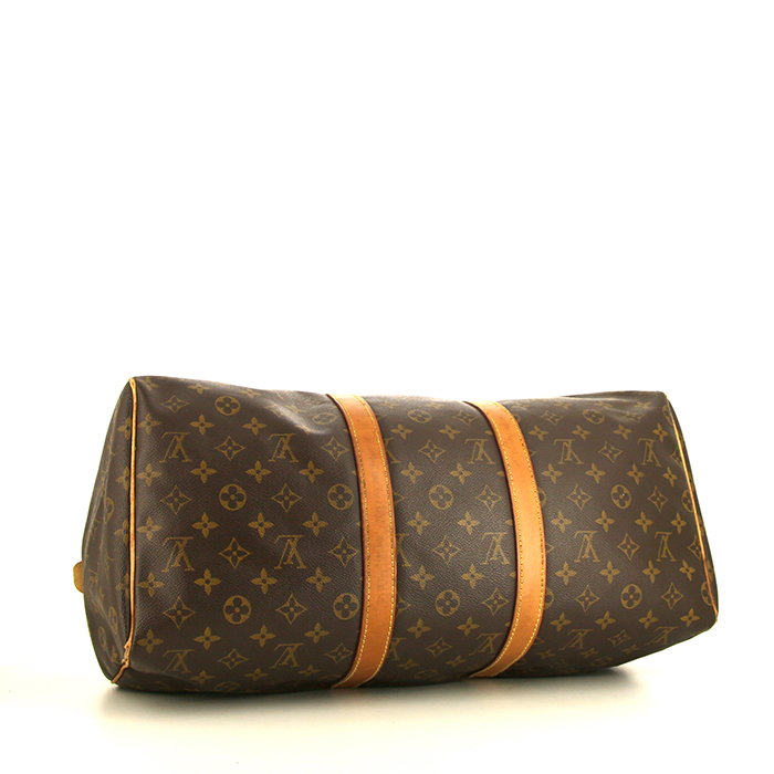Sac de voyage Louis Vuitton Keepall 45 en toile monogram marron et cuir naturel - Detail D4