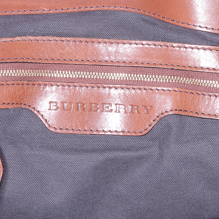 Shopping bag Burberry in tela Haymarket beige e pelle marrone - Detail D3