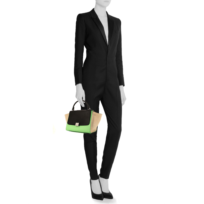 Celine Trapeze handbag in black, green and beige leather - Detail D1