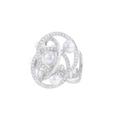 Sortija Mikimoto Petite Saturne en oro blanco,  diamantes y perlas cultivadas