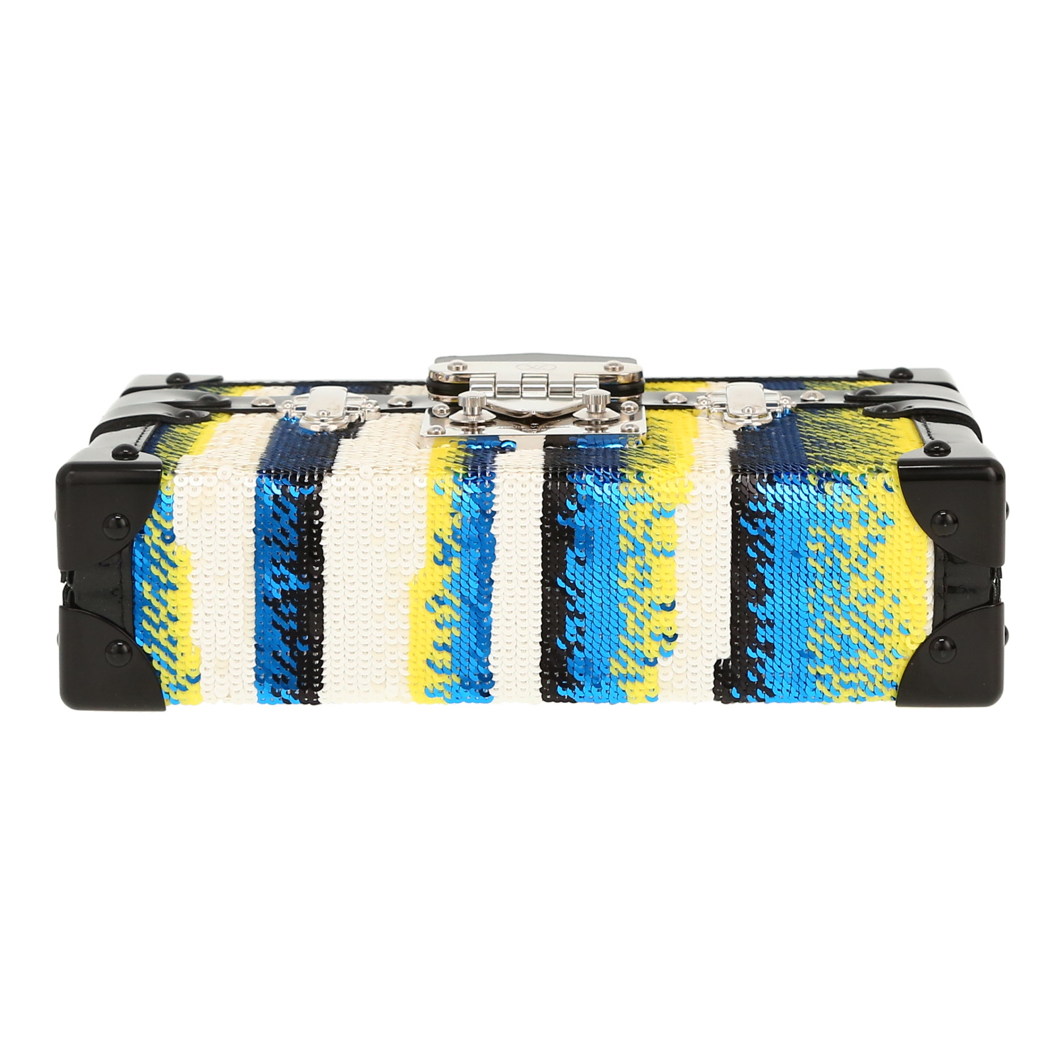 Borsettina da sera Louis Vuitton Petite Malle in paillettes nere blu bianche e gialle e pelle verniciata nera - Detail D1