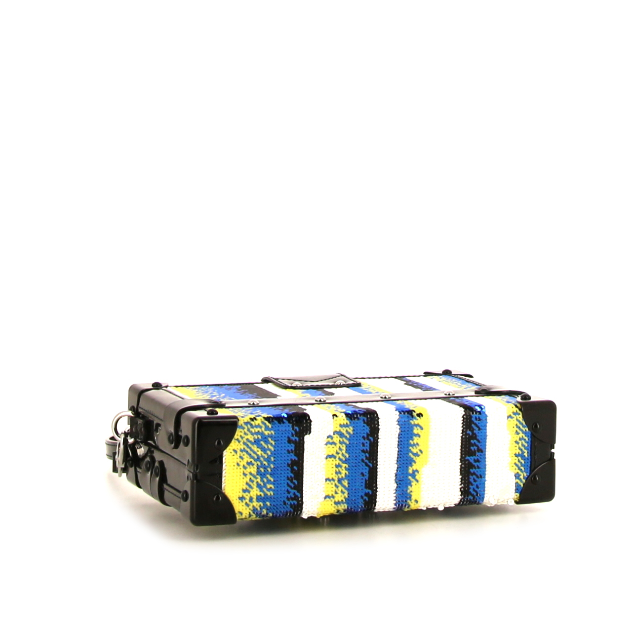 Minaudière Louis Vuitton Petite Malle en sequin noir , bleu blanc et jaune et cuir verni noir - Detail D4