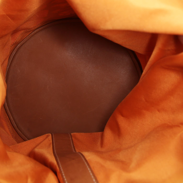 Zaino Hermès Soie Cool in seta gialla e arancione con decorazione a piume e pelle Barenia - Detail D2