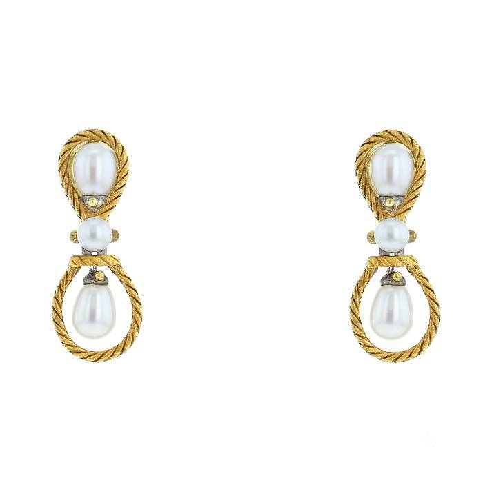Articulated Buccellati earrings for non pierced ears in yellow gold,  white gold and pearls - 00pp