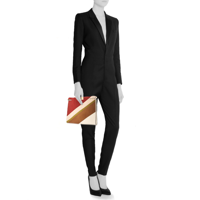 Pochette Fendi Peekaboo in puledro rosso rosa beige e marrone e pelle color crema - Detail D1