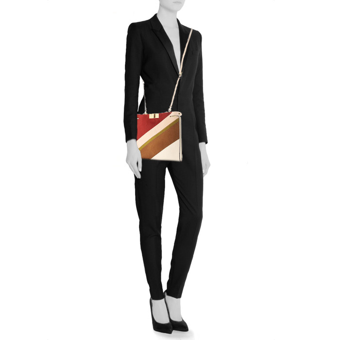 Pochette Fendi Peekaboo in puledro rosso rosa beige e marrone e pelle color crema - Detail D2