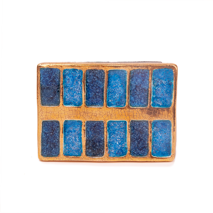 Mithé Espelt, petit coffret "Grille", en terre estampée, or craquelé et verre cristallisé, base en chêne, vers 1956 - Detail D3