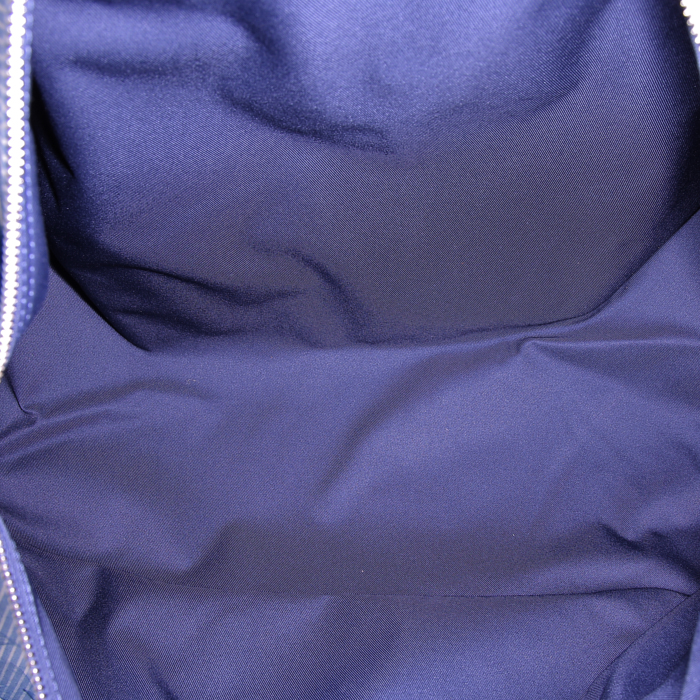 Borsa da viaggio Louis Vuitton Keepall Editions Limitées in tela siglata blu e bianca a righe e pelle blu - Detail D3