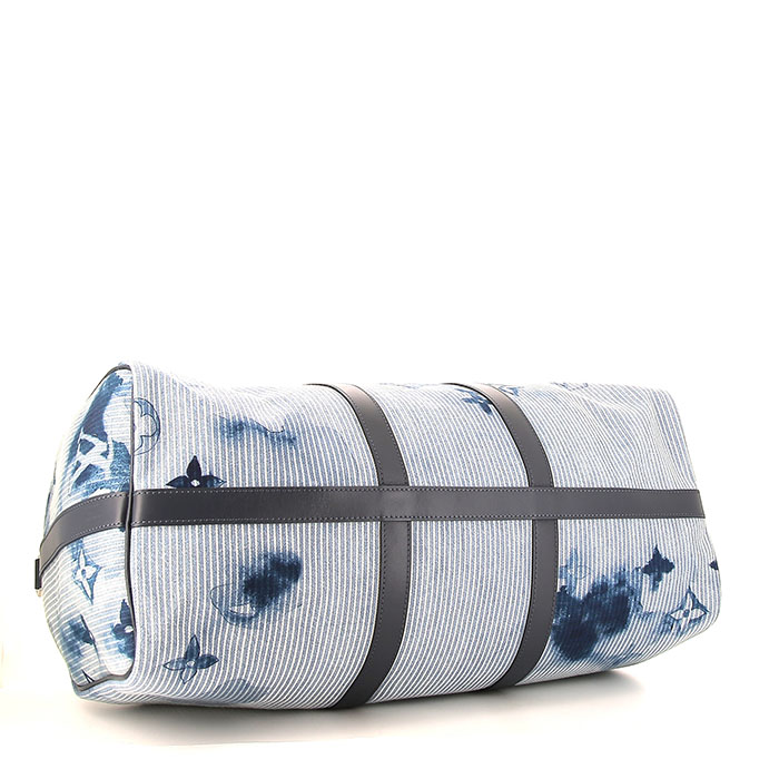 Bolsa de viaje Louis Vuitton Keepall Editions Limitées en lona monogram azul y blanca y cuero azul - Detail D5