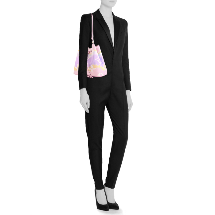 Bolso para llevar al hombro Louis Vuitton Limited Editions petit Noé en lona Monogram degradada rosa, amarilla y violeta y cuero rosa - Detail D1