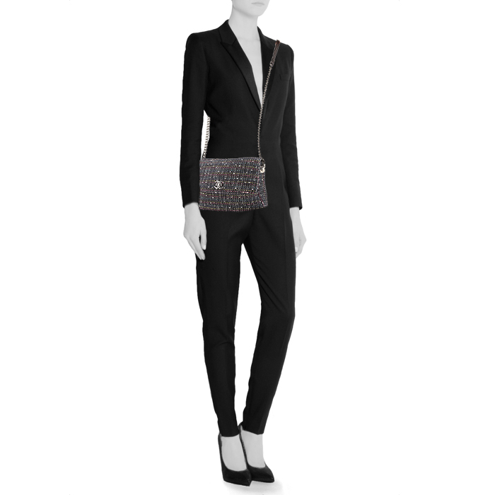 Borsa a tracolla Chanel Messenger in tweed blu e multicolore e pelle blu - Detail D1
