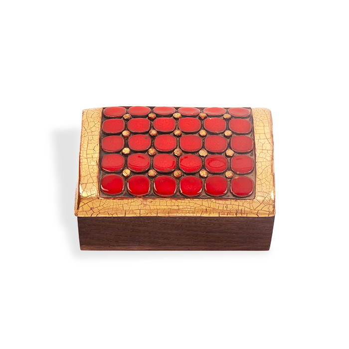 Mithé Espelt, rare small "Trésors" chest, in embossed and glazed earthenware, crackled gold, oak base, around 1953 - Detail D1