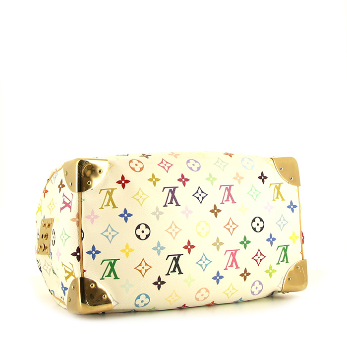 Sac à main Louis Vuitton Speedy Editions Limitées en toile monogram multicolore et blanche et cuir naturel - Detail D4