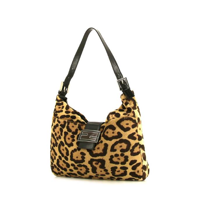 Bolso de mano Fendi Baguette modelo mediano en piel de potro leoparda y cuero negro