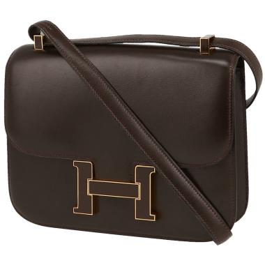 Bolso de mano Hermes Hermes Constance en cuero box marrón chocolate y esmalte marrón