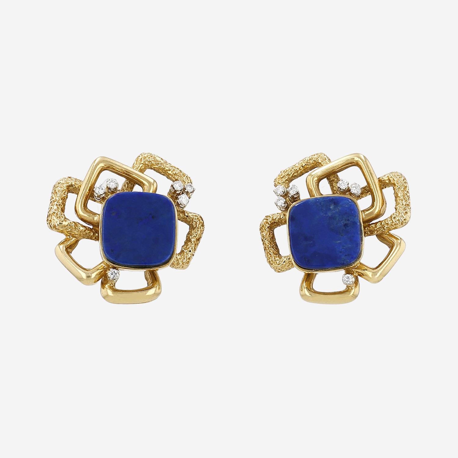 Paire de clips d'oreilles époque années 70 Vintage en or jaune,  lapis-lazuli et diamants