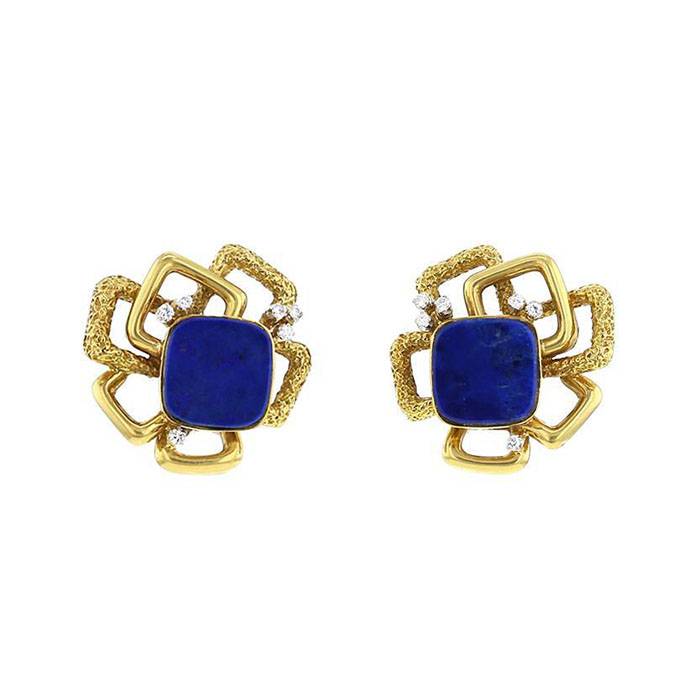 Vintage 1970's earrings for non pierced ears in yellow gold,  lapis-lazuli and diamonds - 00pp