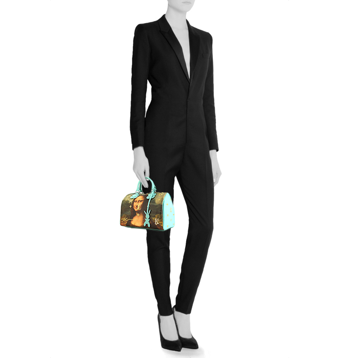 Louis Vuitton Speedy Limited Editions handbag in beige printed canvas and turquoise leather - Detail D1