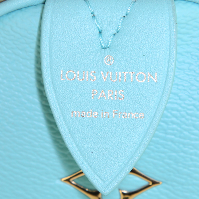 Louis Vuitton Speedy Limited Editions handbag in beige printed canvas and turquoise leather - Detail D4