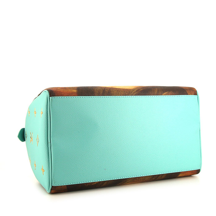 Borsa Louis Vuitton Speedy Limited Editions in tela con stampa beige con motivo e pelle turchese - Detail D5