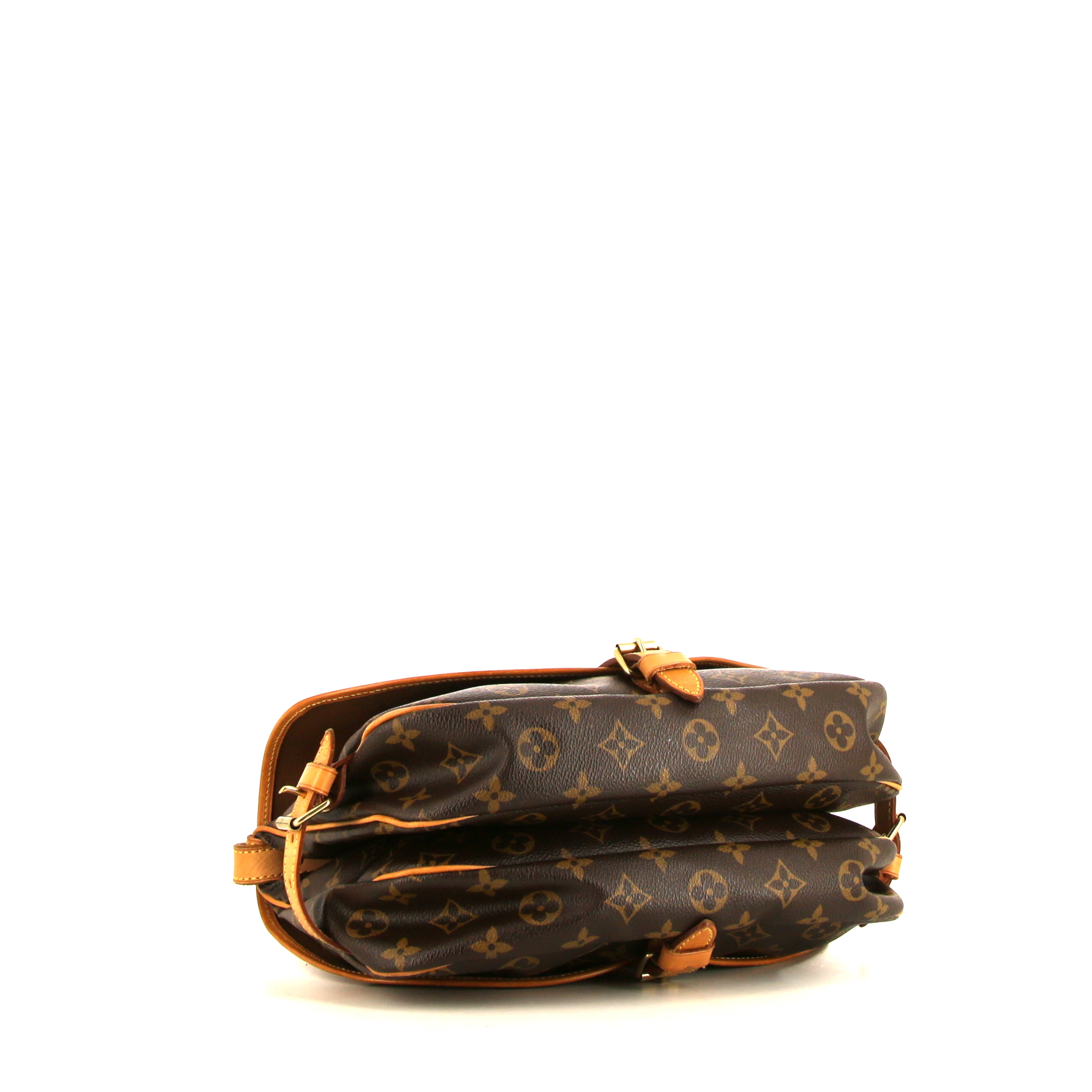 Sac bandoulière Louis Vuitton Saumur petit modèle en toile monogram enduite marron et cuir naturel - Detail D4