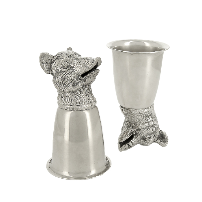 Gucci, six hunting goblets, in silver metal and horn, with animals head decoration, partially signed, from the 1970's