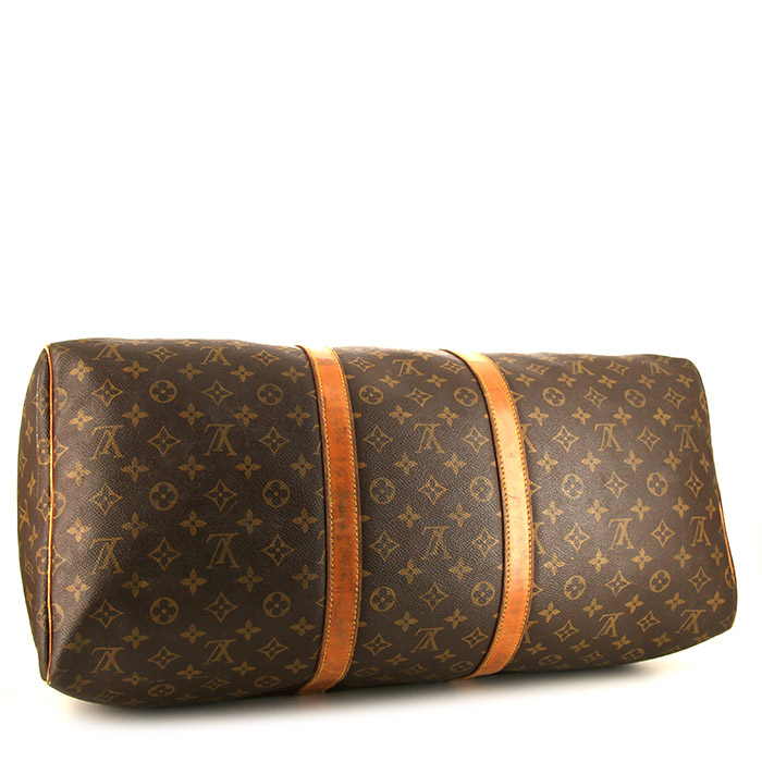 Sac de voyage Louis Vuitton Keepall 55 cm en toile monogram marron et cuir naturel - Detail D4
