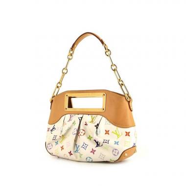 Sac à main Louis Vuitton Judy en toile monogram multicolore blanche et cuir naturel
