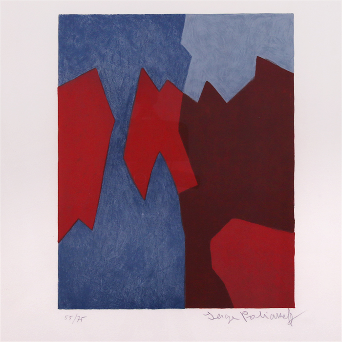 Serge Poliakoff, "Composition rouge et bleue, lithographie 68", lithograph in colors on paper, signed, numbered , of 1968 - Detail D1