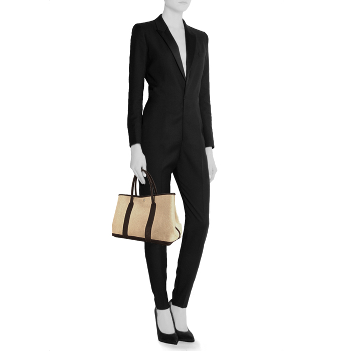 Borsa Hermès Garden Party in pelle marrone e tela beige - Detail D1