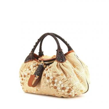 Bolso de mano Fendi Spy en raffia beige y cuero marrón