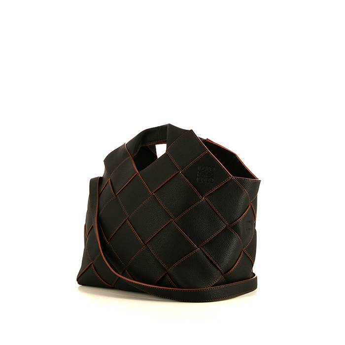 Woven Shopping Bag In Black Grained Leather