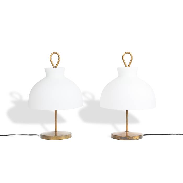 Ignazio Gardella, a pair of "Arenzano" lamps, small version, in brass and opal glass, Azucena edition, model designed in 1956 - 00pp