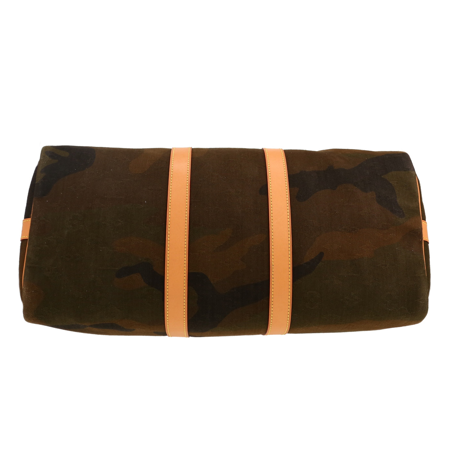 Sac de voyage Louis Vuitton Keepall 45 en toile camouflage verte et cuir naturel - Detail D1
