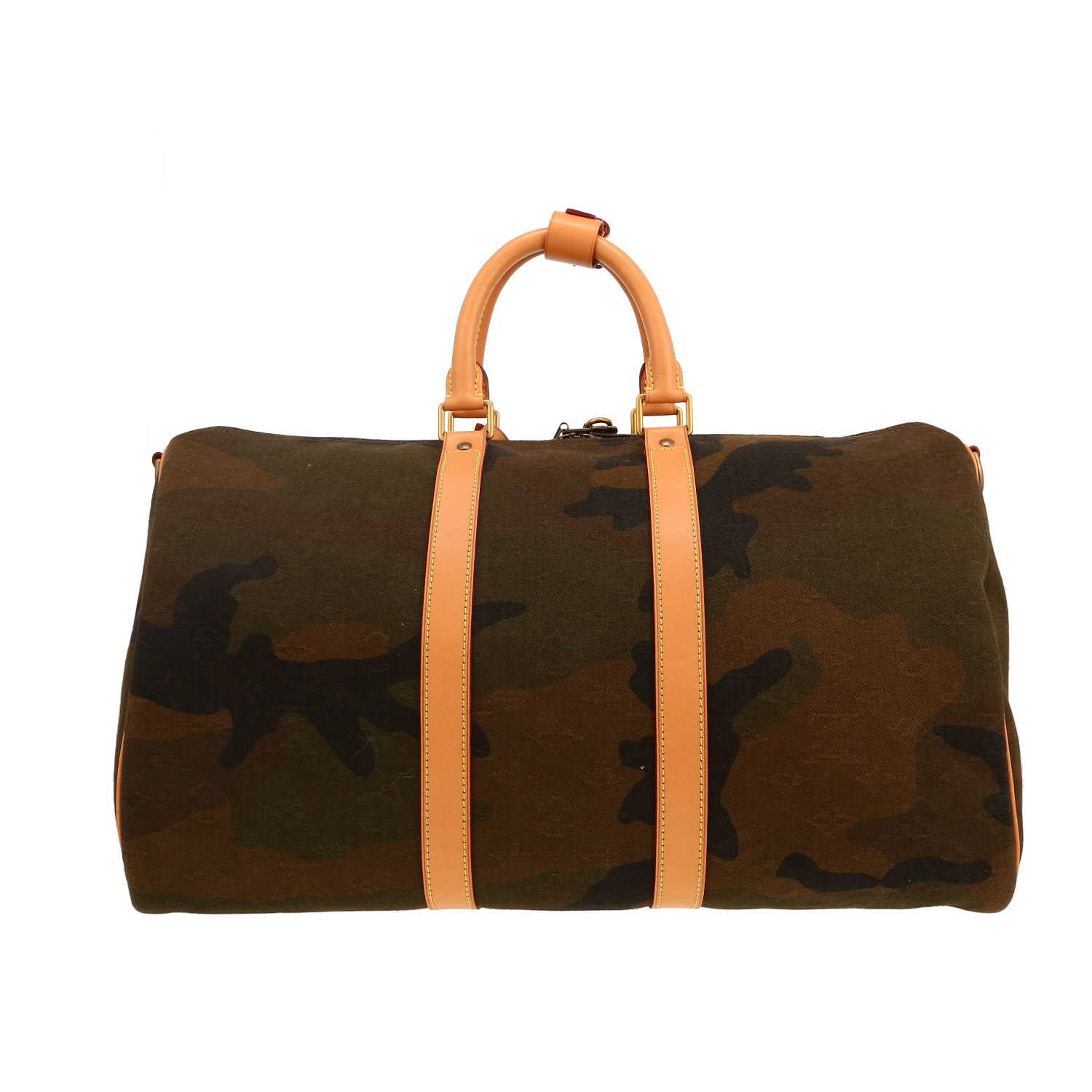 Sac de voyage Louis Vuitton Keepall 45 en toile camouflage verte et cuir naturel - Detail D4
