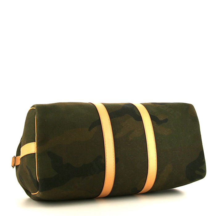 Louis Vuitton Keepall 45 travel bag  in green camouflage canvas  and natural leather - Detail D5