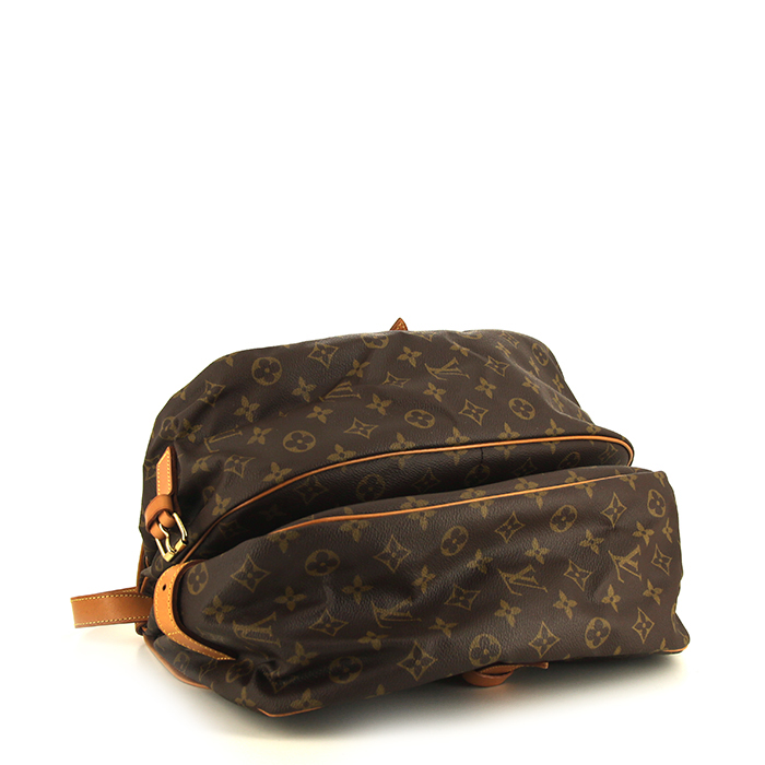 Sac bandoulière Louis Vuitton Saumur en toile monogram enduite marron et cuir naturel - Detail D4