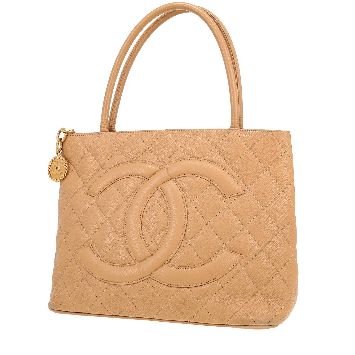 Sac à main Chanel Medaillon en cuir grainé matelassé beige