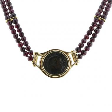Collier époque années 90 Vintage en or jaune, grenats et bronze