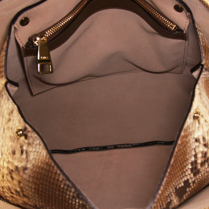 Bolso de mano Chloé Dalston en piel de pitón beige y color topo y cuero color topo - Detail D2