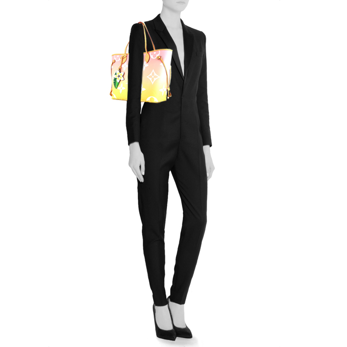 Louis Vuitton Neverfull Limited Editions medium model shopping bag in yellow and pink shading monogram canvas and natural leather - Detail D1