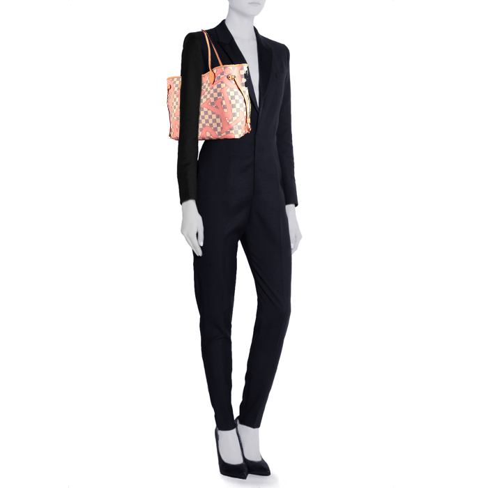 Bolso Cabás Louis Vuitton Neverfull modelo mediano en lona a cuadros azul celeste y cuero natural - Detail D1