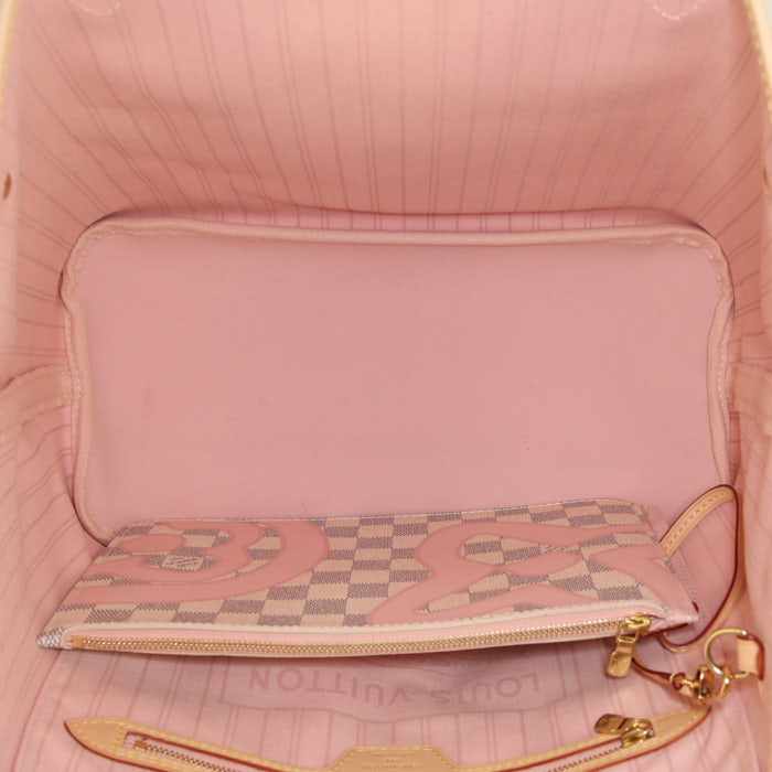 Louis Vuitton Neverfull medium model shopping bag in azur damier canvas and natural leather - Detail D2