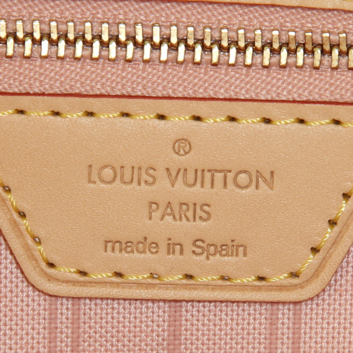 Louis Vuitton Neverfull medium model shopping bag in azur damier canvas and natural leather - Detail D3