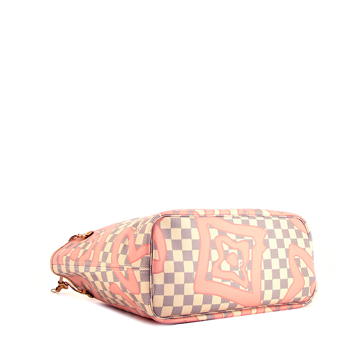 Louis Vuitton Neverfull medium model shopping bag in azur damier canvas and natural leather - Detail D4
