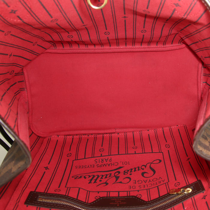 Louis Vuitton Neverfull shopping bag in ebene damier canvas and brown leather - Detail D2