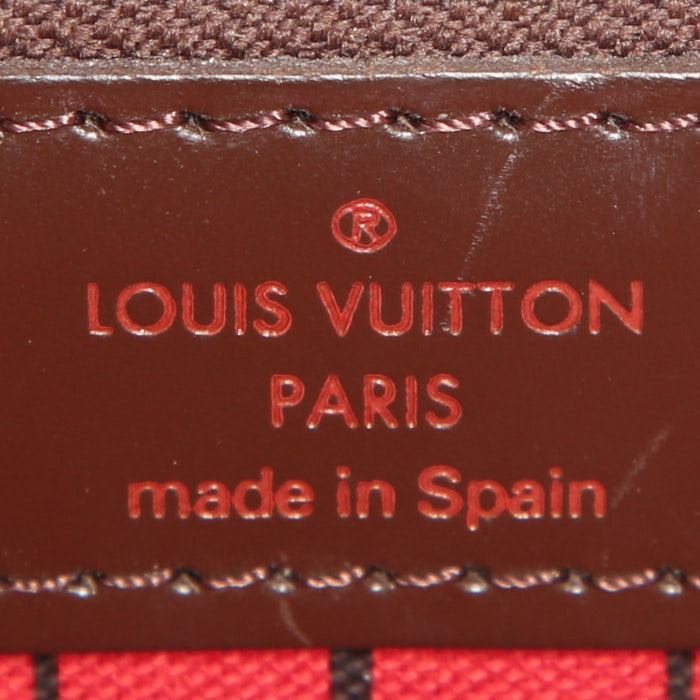 Louis Vuitton Neverfull shopping bag in ebene damier canvas and brown leather - Detail D3
