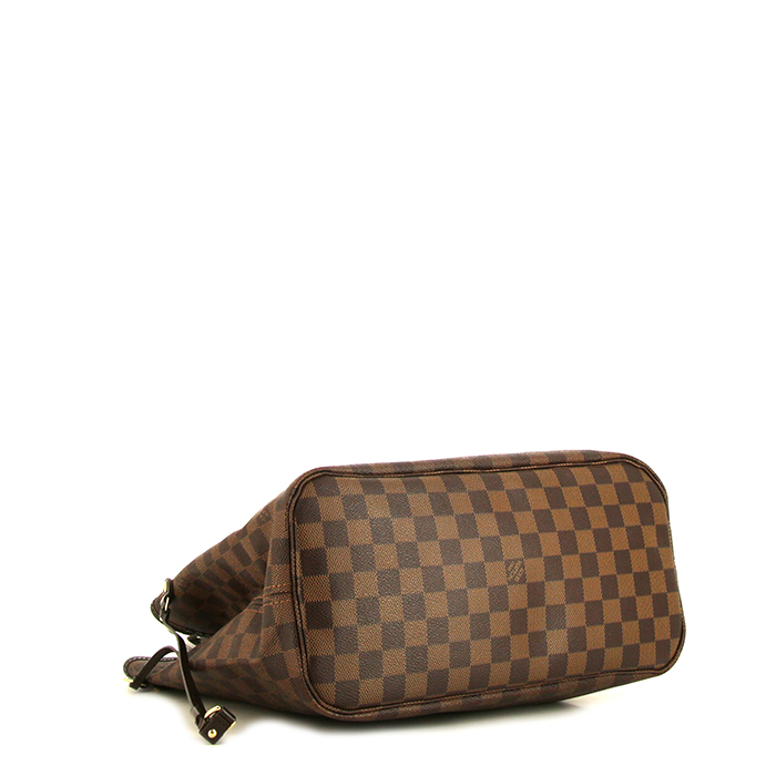 Shopping bag Louis Vuitton Neverfull in tela cerata con motivo a scacchi ebano e pelle marrone - Detail D4