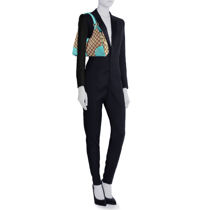 Borsa Gucci Gucci Vintage in tela siglata beige e pelle blu - Detail D1