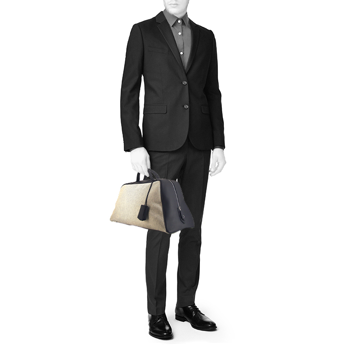 Bolsa de viaje Hermès Cavour en cuero novillo Cristóbal azul y tejido "H" beige - Detail D1